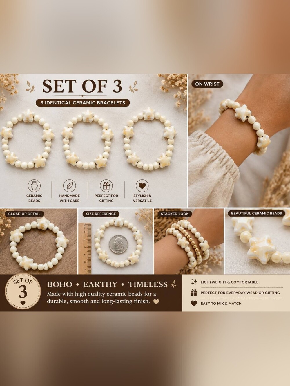 Handmade Ceramic Star Bead Bracelet Set - Cream White